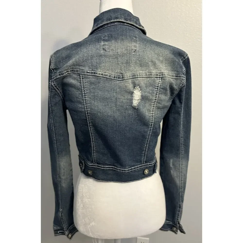 Y2K Cropped Jean Jacket Women's S Western Rhinestone Bling Sexy Hipster Country